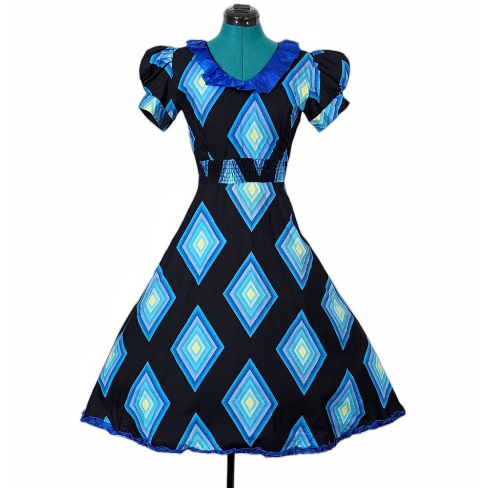1970s Vintage Dress 70s Fit N Flare Swing Square Dance Diamond Print XXS Cotton